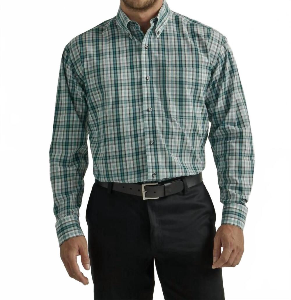 NEW WRANGLER riata long sleeve button down shirt in teal/white plaid